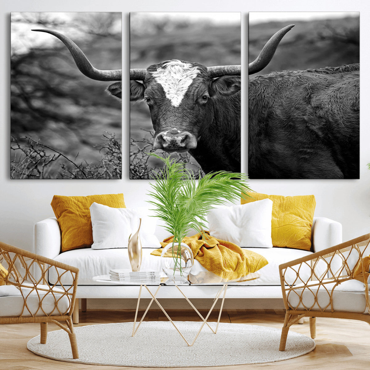 Western Home Wall Art Canvas Print, Framed Texas Longhorn