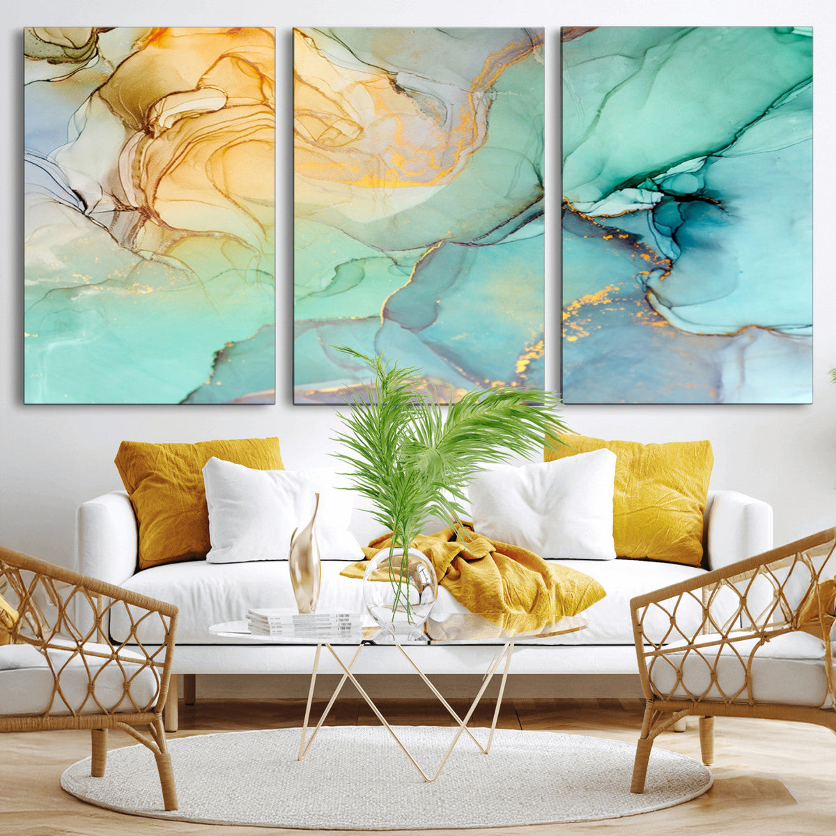 Abstract Aqua and Gold Fluid Wall Art Canvas | 3 Panel Large