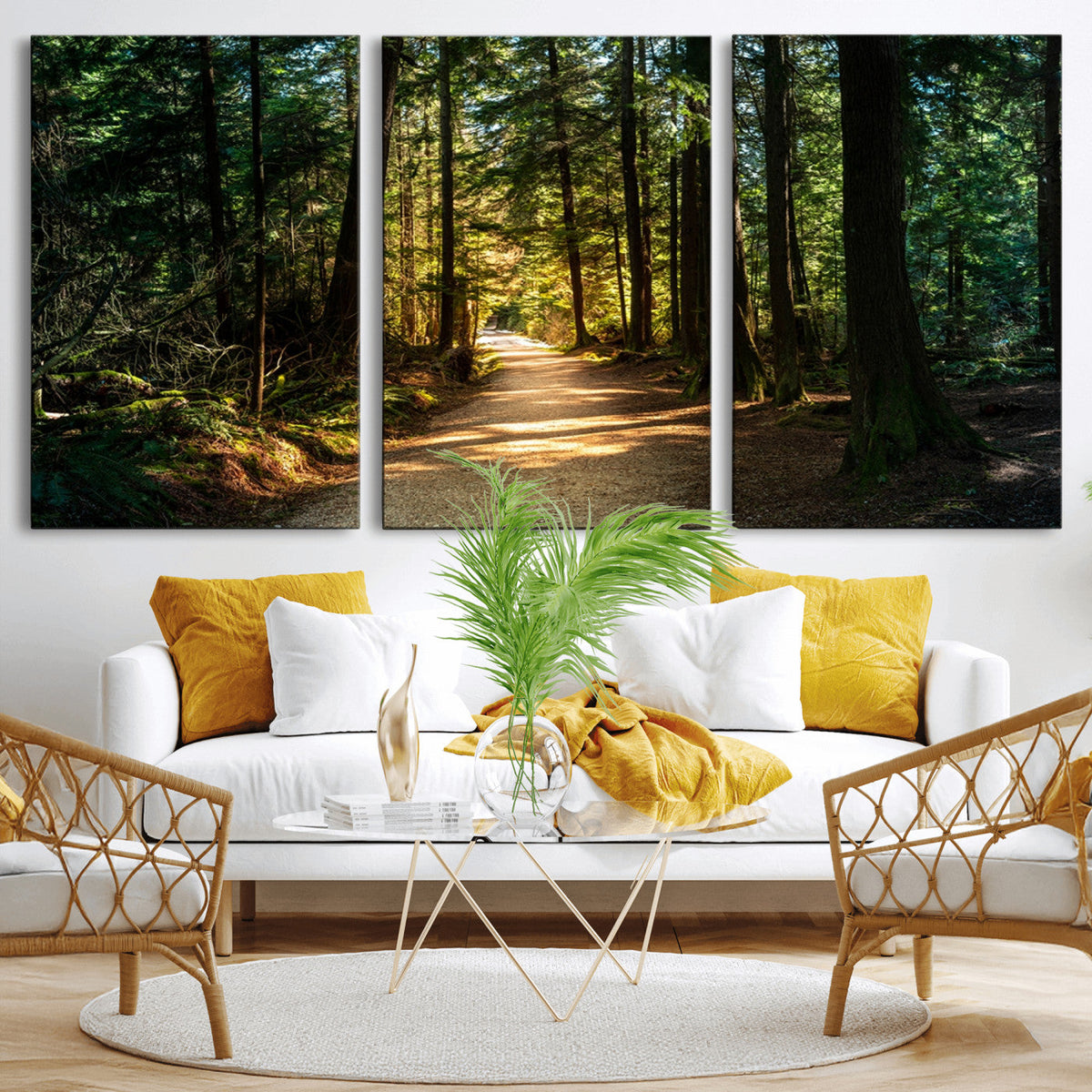 Sunlit Forest Pathway Canvas Print | 3 Panel Large Nature