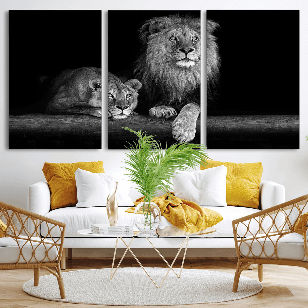 Large Black and White Lion Couple Wall Art Canvas Print –