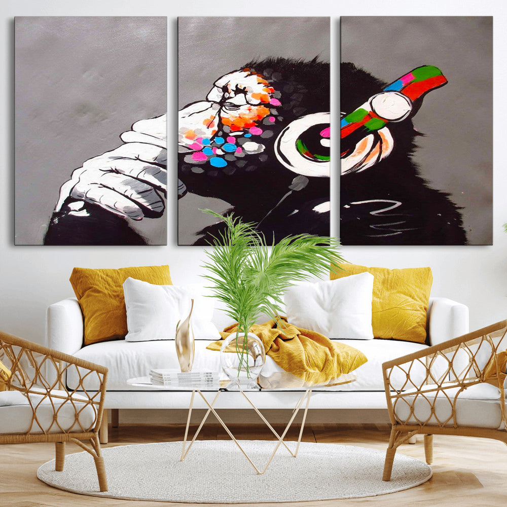 Dj Monkey Listening to Music Wall Art Print | Banksy Monkey