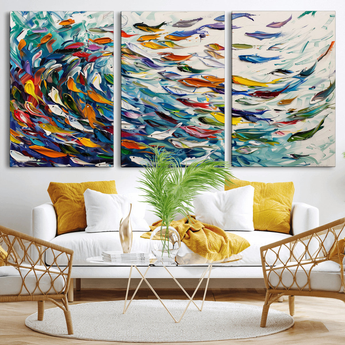 Modern Abstract Fish Shoal Wall Art Canvas Print, Colorful