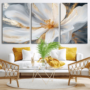 White and Gold Floral Canvas Wall Art - Framed and Ready to