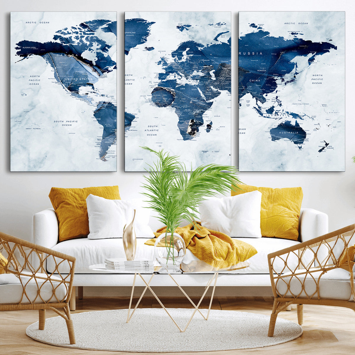 Modern Blue World Map Canvas Print – Framed Wall Art,