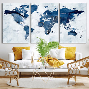 Modern Blue World Map Canvas Print – Framed Wall Art,