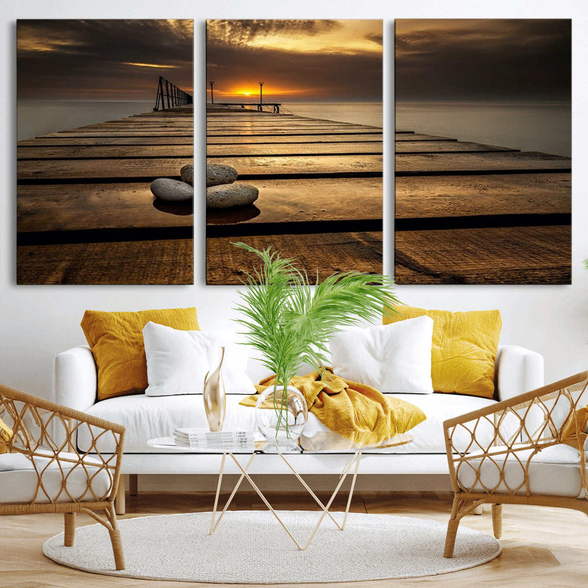 Stones on Wooden Pier at Sunset Canvas Print, Serene Coastal