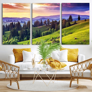 Green Hills and Sunset Wall Art Print - Scenic Landscape