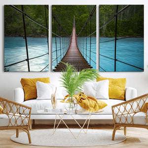 Suspension Bridge Over River Canvas Art | 3-Panel Nature