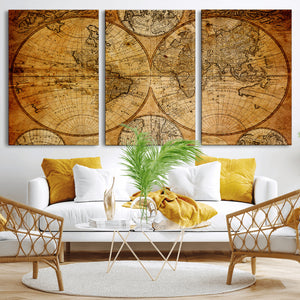 Vintage World Map Canvas Print – Antique Push Pin Travel