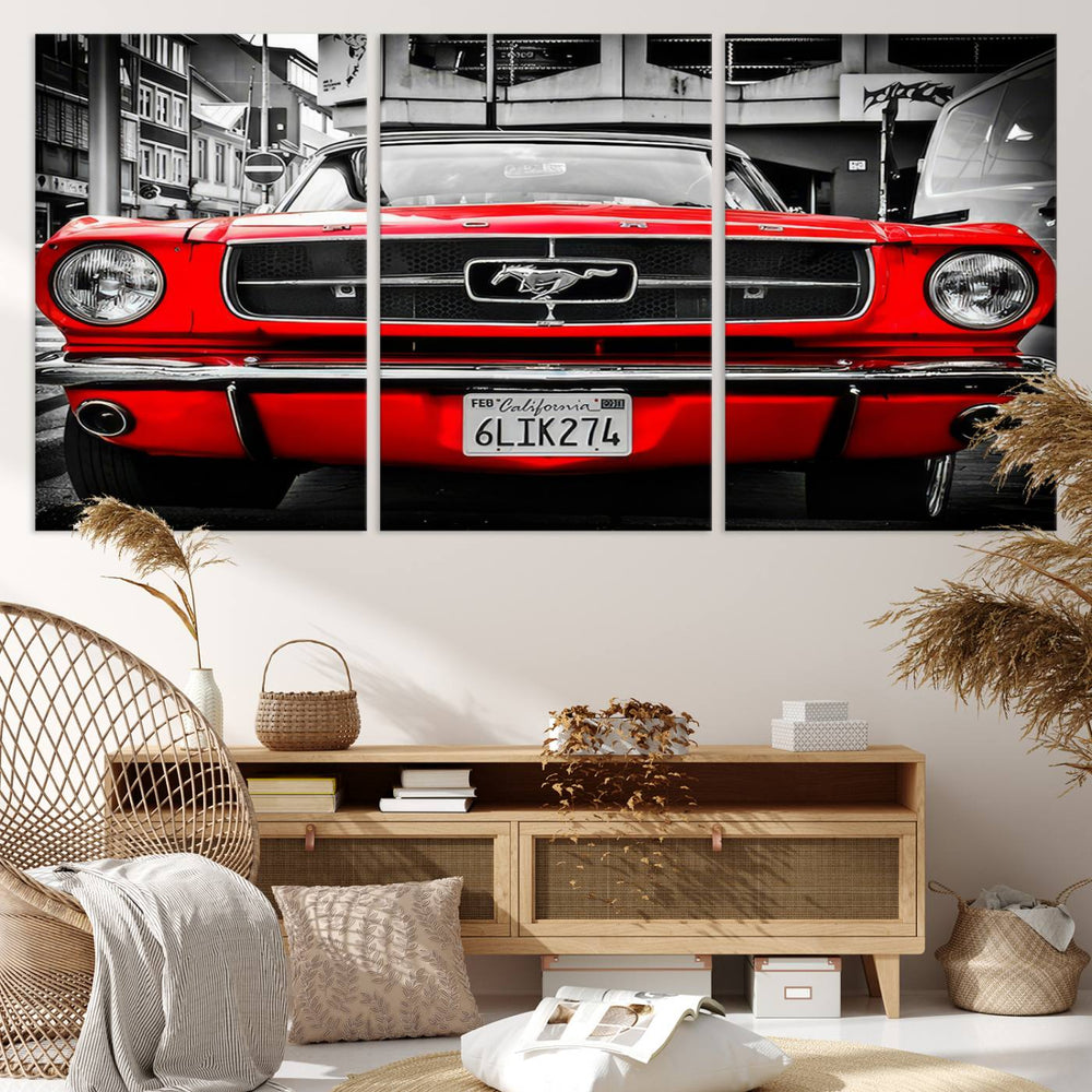 Red Mustang Car Wall Art – Framed Classic Vehicle Canvas