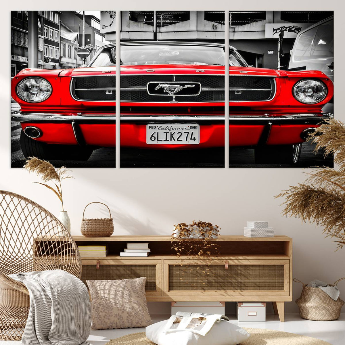 Red Mustang Car Wall Art – Framed Classic Vehicle Canvas