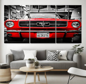 Red Mustang Car Wall Art – Framed Classic Vehicle Canvas