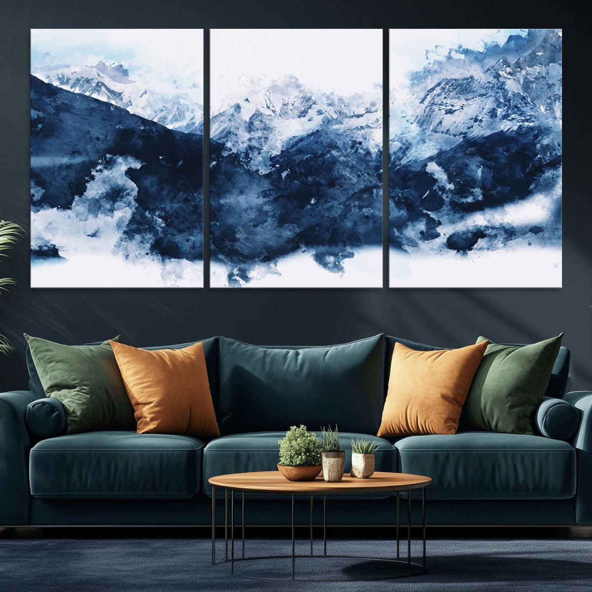 Abstract Blue Mountain Canvas Wall Art – Modern Triptych
