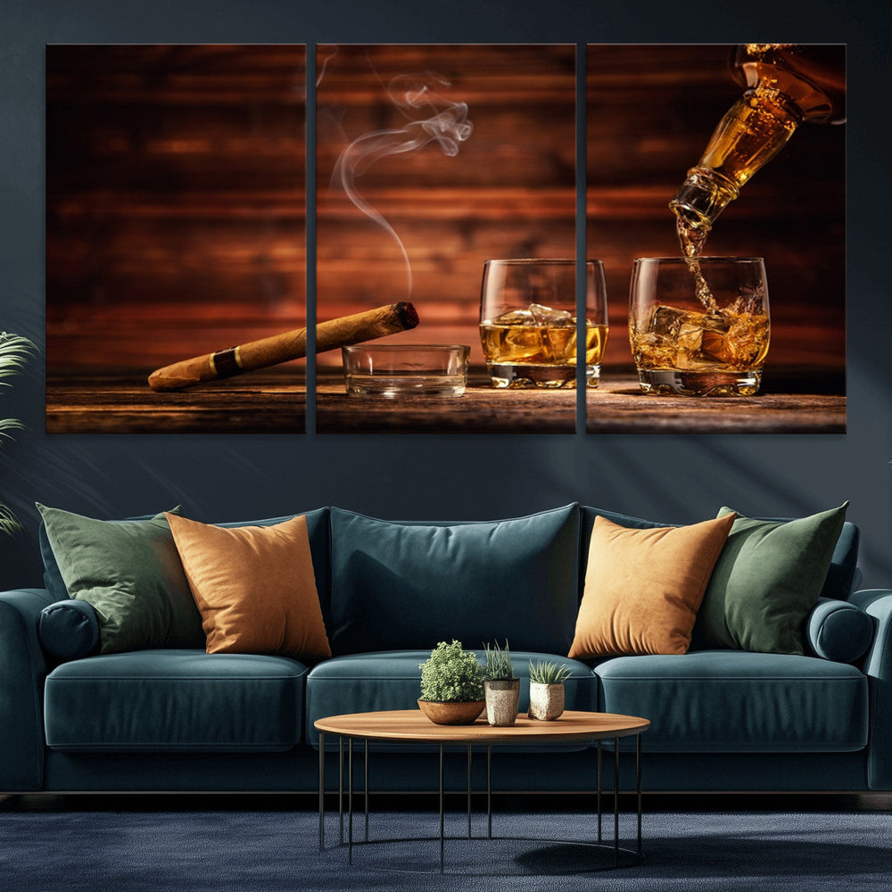 Whiskey and Cigar Wall Art Canvas | 3 Panel Bar Room Decor