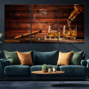 Whiskey and Cigar Wall Art Canvas | 3 Panel Bar Room Decor