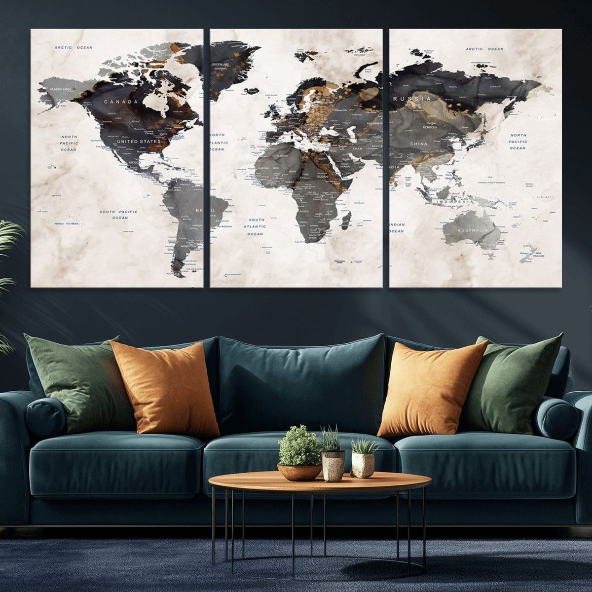 Abstract Map Printing - Modern World Map Canvas Wall Art for