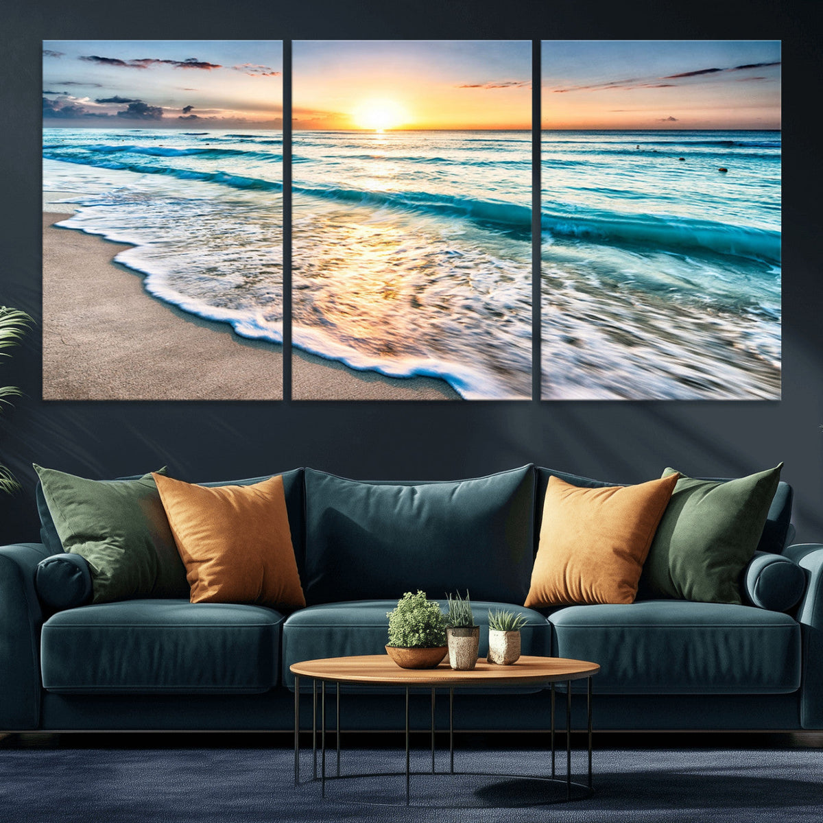 Sunset Beach Waves Canvas Wall Art – 5-Panel Ocean Sunset