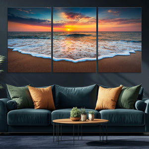 Sunset Beach Canvas Wall Art – Colorful Ocean Waves Triptych