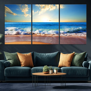 Tropical Beach Sunset Canvas Art, Ocean Waves and Sandy