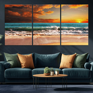 Golden Sunset Beach Canvas Wall Art – Triptych Seascape