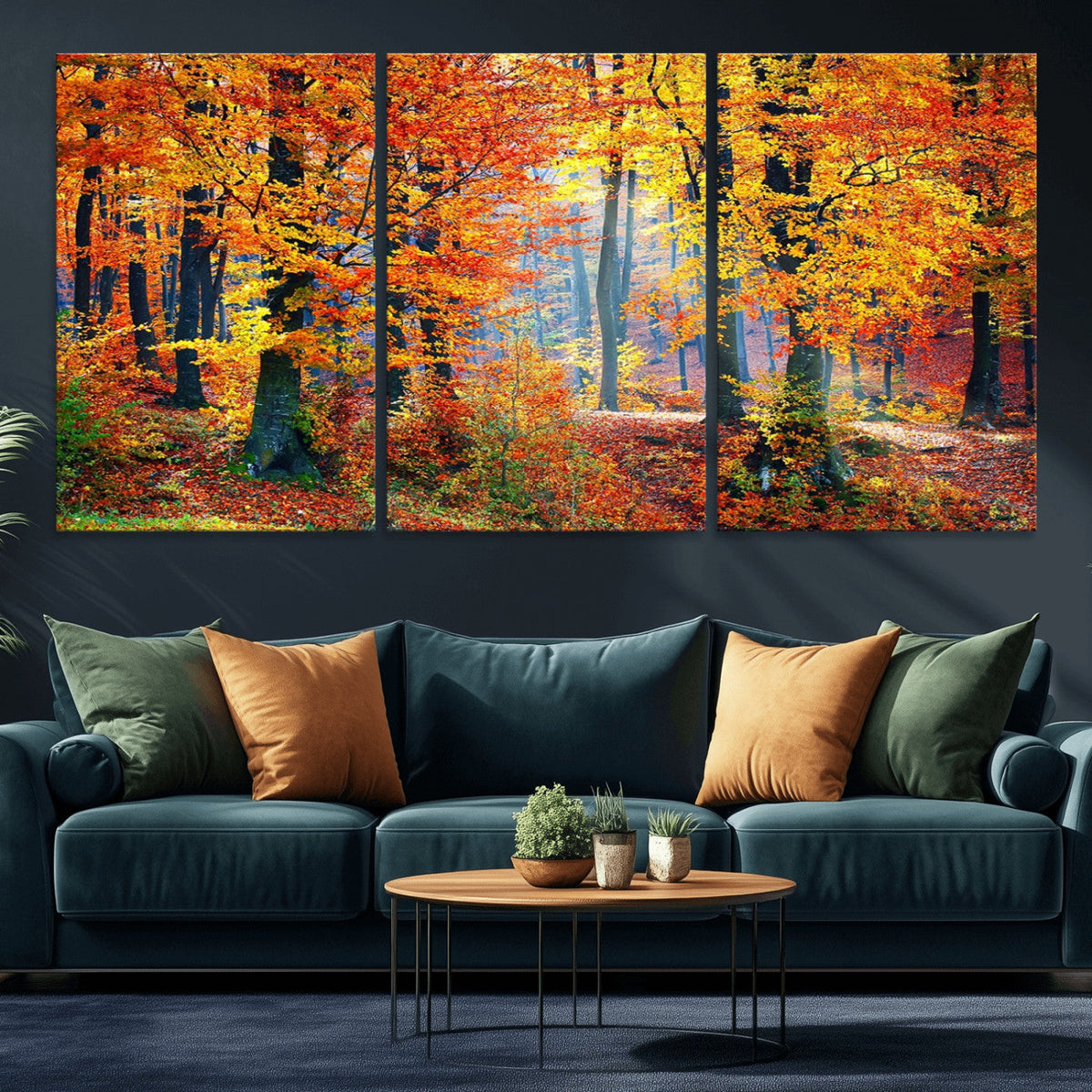 Autumn Red Forest Triptych Canvas Wall Art Print, Forest