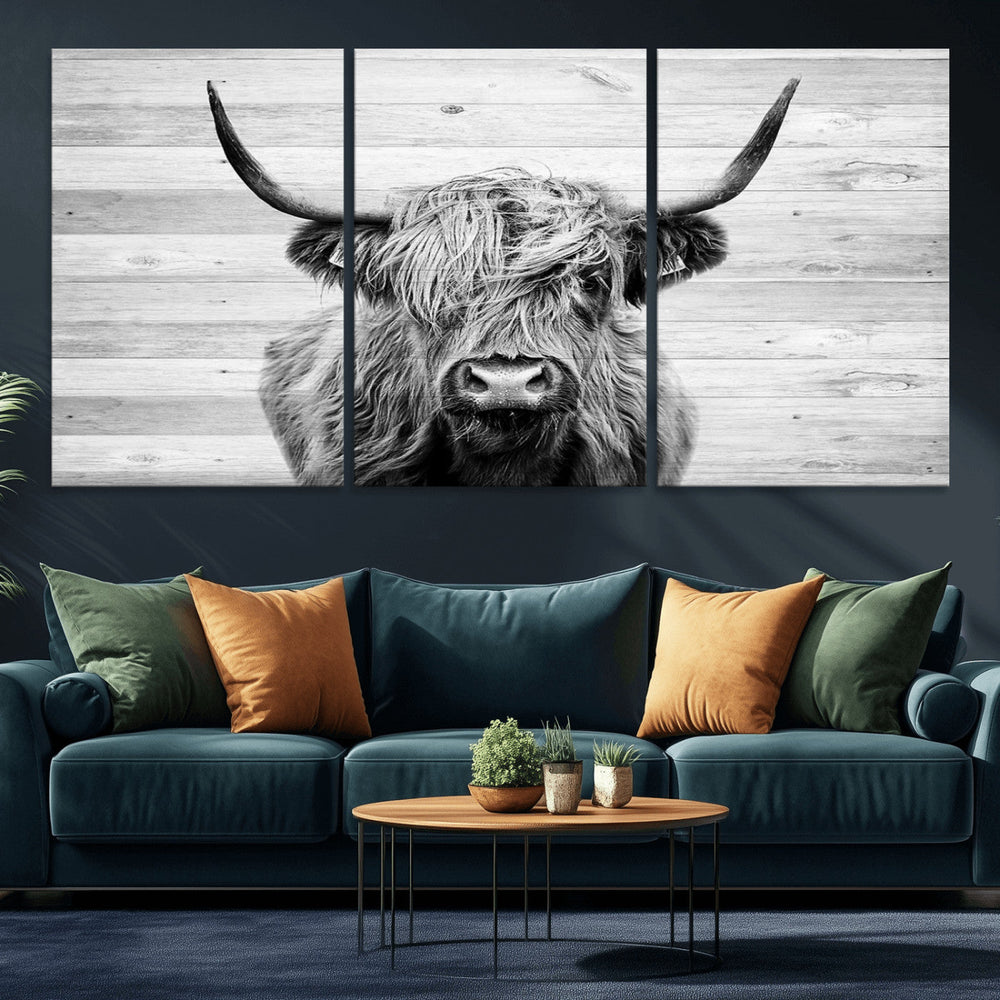 Scottish Highland Cow Cattle Art Print on Wood Background