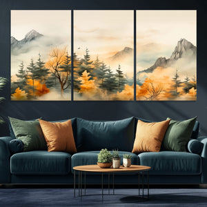 Abstract Watercolor Mountains and Trees Autumn Art,