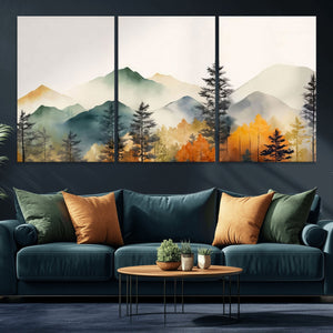 Abstract Watercolor Mountains and Trees Autumn Wall Art,