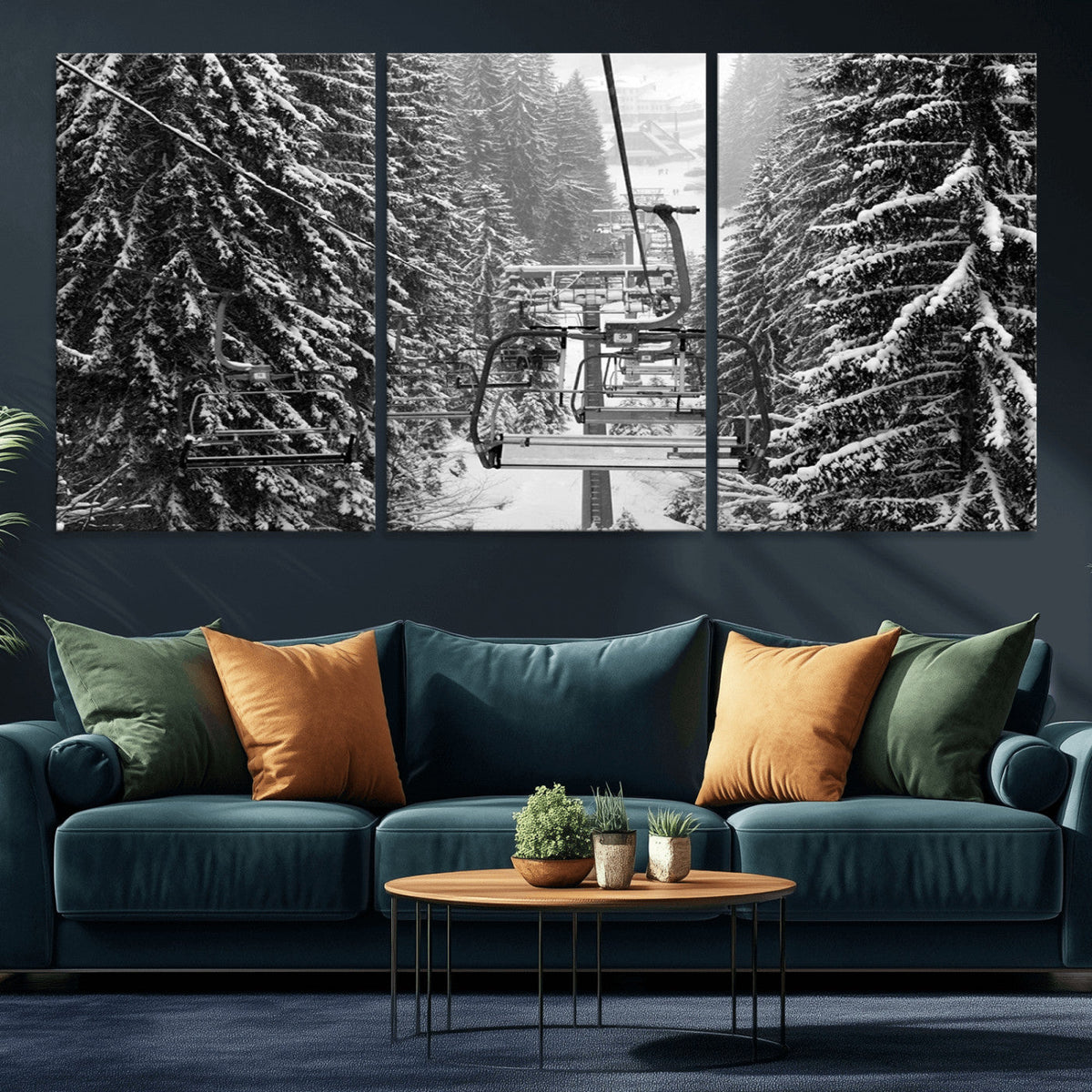 Winter Ski Lift Black and White Canvas Wall Art – Alpine