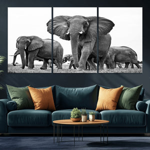 Black White Elephant Family Wall Art Canvas Print