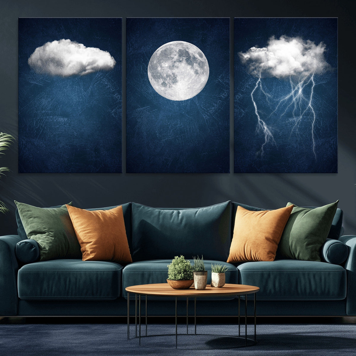 Dark Blue Cloud Art, 3 Piece Indigo Blue Wall Art, Aesthetic
