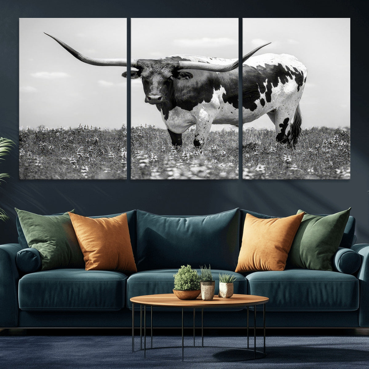 Texas Black White Highland Longhorn Cow Wall Art Canvas