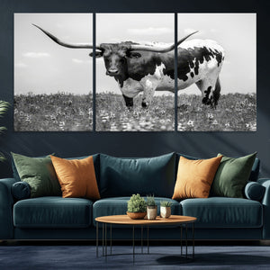 Texas Black White Highland Longhorn Cow Wall Art Canvas
