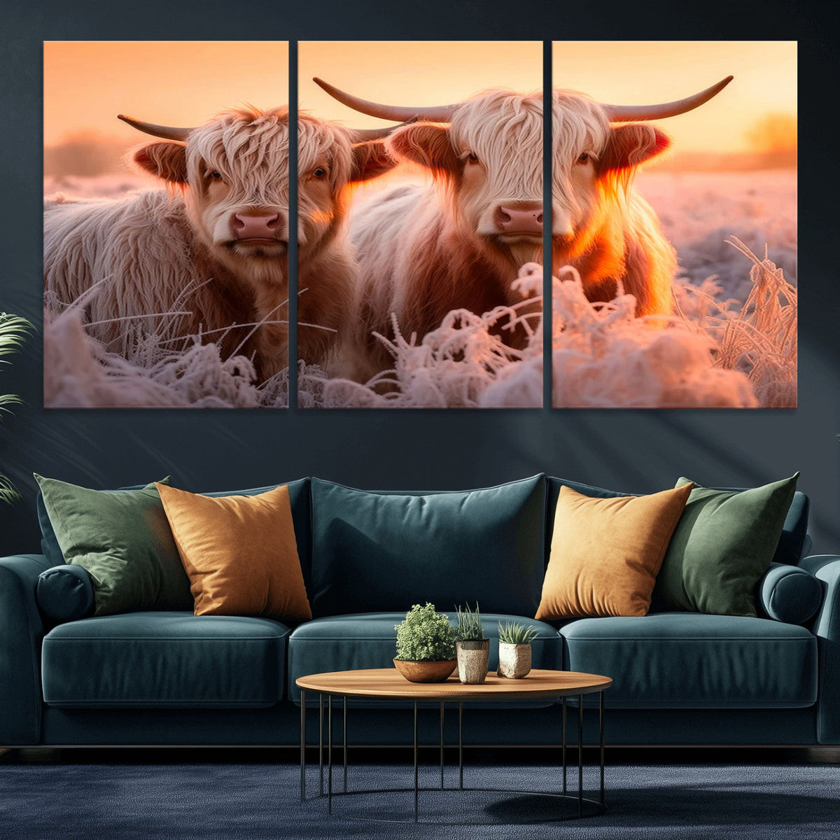 Highland Cows at Sunrise Wall Art Canvas Set – Serene and