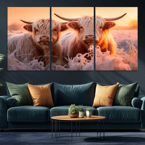 Highland Cows at Sunrise Wall Art Canvas Set – Serene and