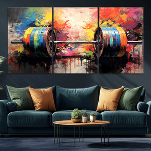 Weightlifting Barbell Art Triptych, Bold Abstract Fitness