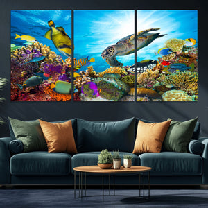 Colorful Coral Reef and Sea Life Turtle Canvas Print,