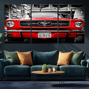 Red Mustang Car Wall Art – Framed Classic Vehicle Canvas