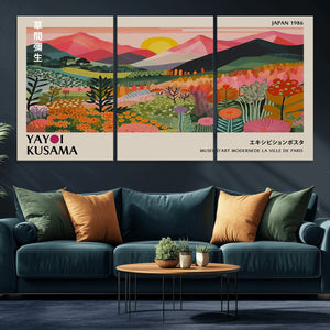 Yayoi Kusama Landscape Canvas Print, Vibrant Floral Mountain Art Print, Framed Botanical Wall Art -