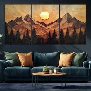 Wood Style Abstract Mountain Sunset Canvas Wall Art Print -