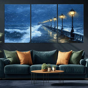 Stormy Ocean Pier Lights Canvas Wall Art Print - Large Moody