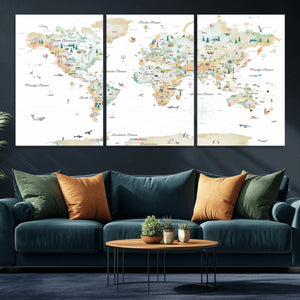 Animal World Map for Kids Room Decor