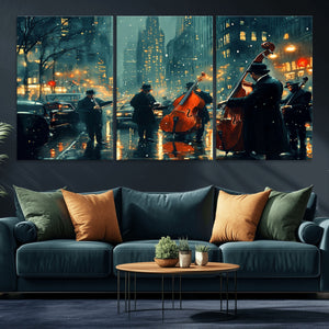 Urban Night Jazz Wall Art Canvas Print – Moody Rain-Soaked