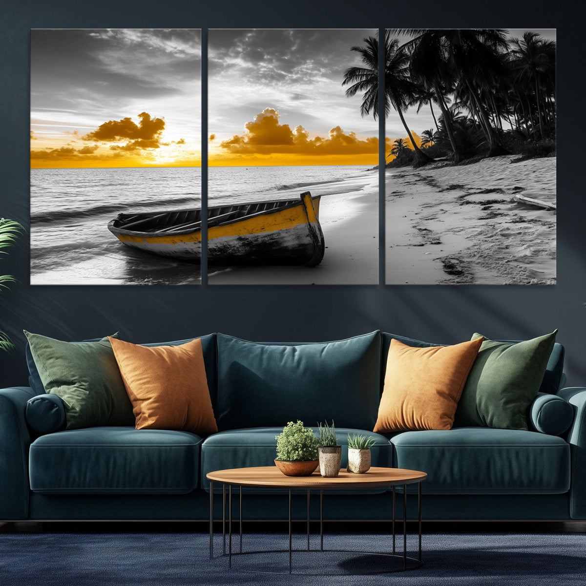 Yellow Rowboat Wall Art – Framed Tropical Shoreline Canvas
