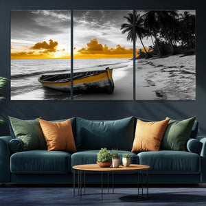 Yellow Rowboat Wall Art – Framed Tropical Shoreline Canvas