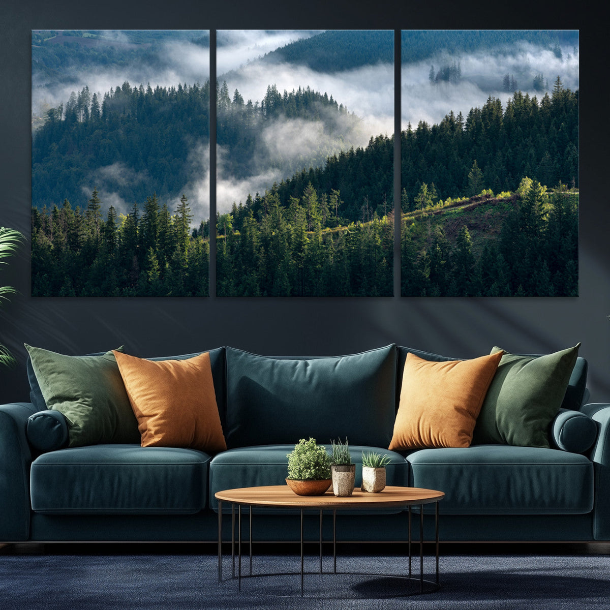 Misty Forest Wall Art Canvas Print, Serene Pine Hills and
