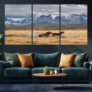 Grand Teton Park Wild Horses Wall Art Canvas Print – Framed