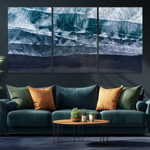 Black Beach Wall Art Canvas Print – Framed Aerial Ocean View