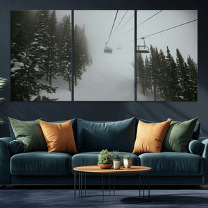 Ski Lift Wall Art Canvas Print – Snowy Pines Misty Landscape