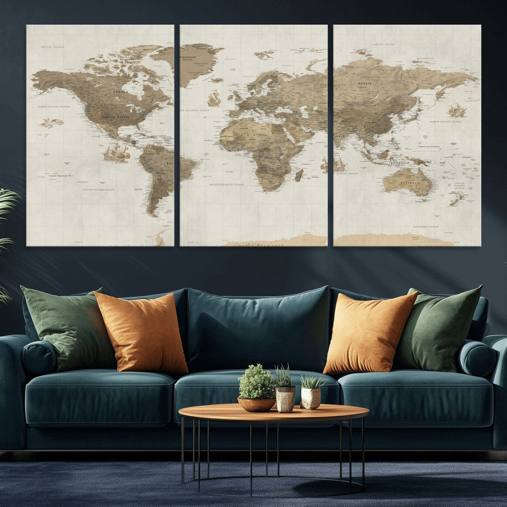 Detailed World Map Wall Art Canvas Print